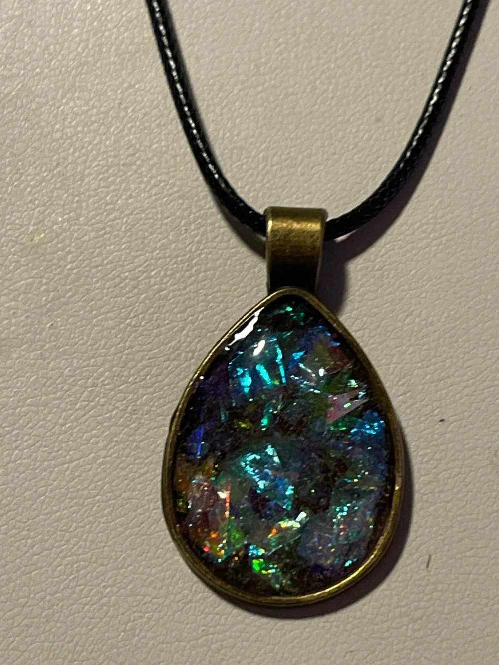 Iridescent Teardrop Pendant Necklace - Blue-Green Sparkle